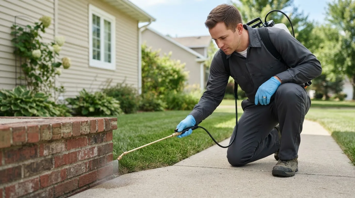 Pest control technician treating a home near Dennis, MA
